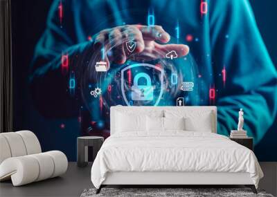 Cybersecurity and privacy concepts to protect data. Lock icon and internet network security technology. Businessman protecting personal data on smartphone, virtual screen interfaces. cyber security. Wall mural