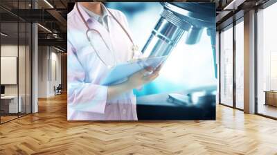 Doctor with microscope, medical research and development concept. Wall mural