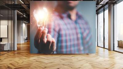 Idea innovation and inspiration concept.Hand of man holding illuminated light bulb, concept creativity with bulbs that shine glitter.Inspiration of ideas for sustainable business development. Wall mural