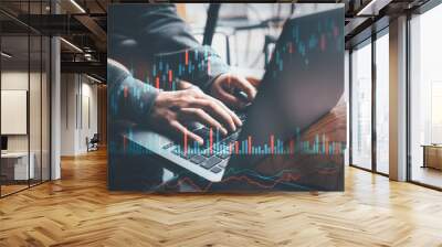 planning and strategy, Stock market, Hands of business people working at modern cafe. Technical price graph and indicator, red and green candlestick chart and stock trading computer screen background. Wall mural