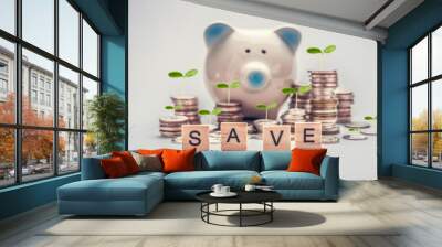 saving concept with plant growing on stacking coins. Wall mural