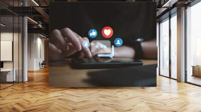 Social media and digital online concept, woman using smart phone. The concept of living on vacation and playing social media. Social Distancing ,Working From Home concept. Wall mural