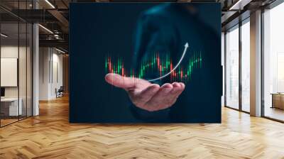 Stock market, Business growth, planning and strategy for investment, progress or success concept. Businessman or trader is showing a growing virtual hologram stock, invest in trading. Wall mural