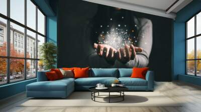 woman holding circle global network connection and data exchanges worldwide on work place background, business network communication and technology concept Wall mural