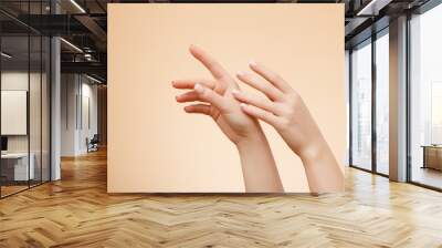 Beautiful Woman Hands. Female Hands Applying Cream, Lotion. Spa and Manicure concept. Female hands with french manicure. Soft skin, skincare concept. Hand Skin Care. Wall mural