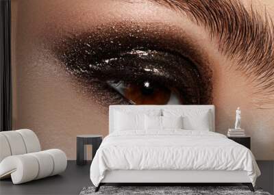 Close up of blue woman eye with beautiful brown with shades smokey eyes makeup. Modern fashion make up. Nude makeup. Clean skin, Long lashes Wall mural