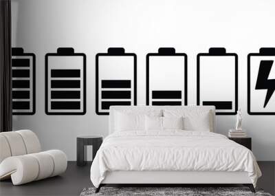 battery status full, low, empty icon symbol vector design simple black white color flat modern collection set Wall mural