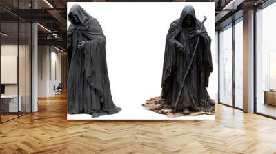 Dark grim reaper statues holding staffs with flowing cloaks on transparent background Wall mural