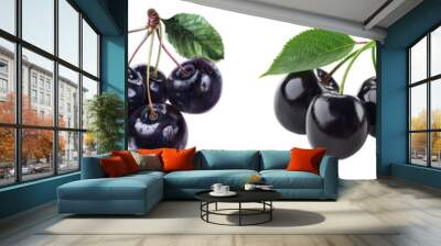 Fresh black cherries with leaves juicy summer fruit transparent background Wall mural