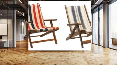 Vintage wooden deck chairs with striped fabric in various colors furniture design transparent background Wall mural