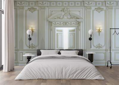 White wall panels in classical style with gilding. 3d rendering Wall mural