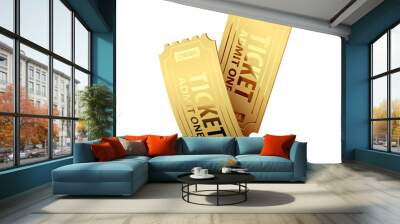 Two Gold cinema tickets for retro movie theater. Isolated. Cinematography icon. PNG Illustration. Wall mural