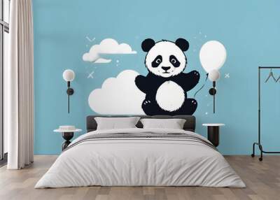 A cute panda holding balloons, floating over a soft, cloud-like background Wall mural