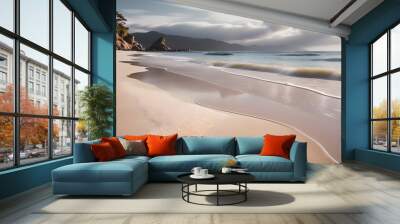 A tranquil beach with crystal like grains of sand gently lapping against the shore, invoking feelings of serenity and isolation Wall mural