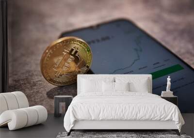 Trading cryptocurrencies on a smartphone. Crypto trading app. Wall mural