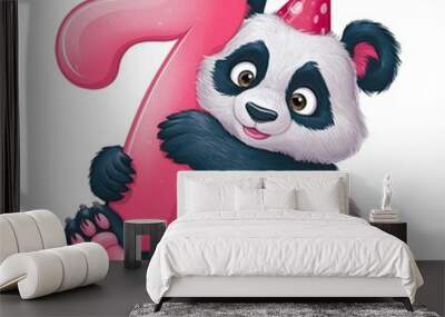 illustration of a cuddly cartoon panda bear celebrating its seventh birthday Wall mural