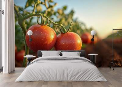 Ripe red tomatoes on the vine in a sunlit field, ready for harvest Wall mural