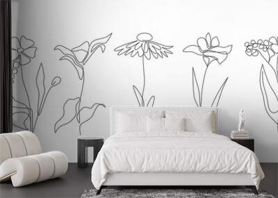 Abstract one continuous line wild flowers set. Chamomile lily flower bud and blossom. Botanical modern aesthetic line art for home decor, wall art posters. Hand drawn mnimalist vector illustration Wall mural