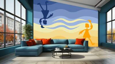 Two girls color the sky opposite each other. Could be a concept for the sun and moon, hot and cold, orange and blue, summer and winter, light and dark, day and night or similar. Wall mural