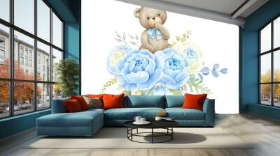 Newborn Baby bear with blue flowers and green leeves.Watercolor illustration for baby boy shower isolated on white background.. Wall mural