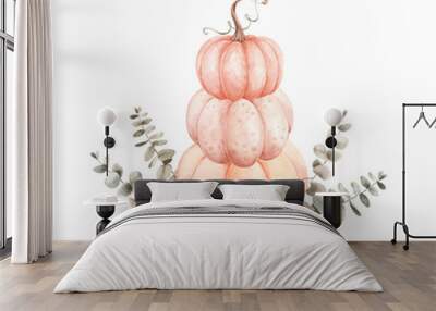 Watercolor illustration of autumn pumpkins. Pastel pumpkins and eucalyptus arrangement isolated on white background. Wall mural