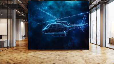 An abstract digital background banner featuring a helicopter connected with data elements in blue and black colors Wall mural