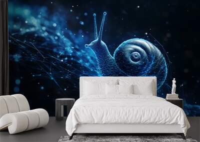 An abstract digital background banner featuring a snail with data connections in blue and black colors. Wall mural