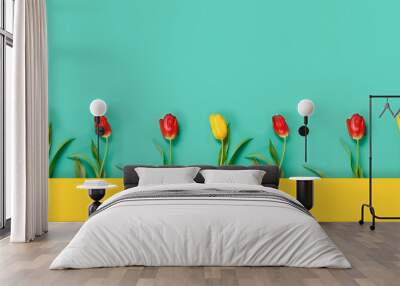 Beautiful card with yellow and red tulips for congratulation invitation or banner. Wall mural