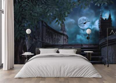 Halloween pumpkins in yard of of old stone staircase night  moonlight Wall mural