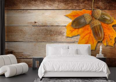 Old grunge paper with autumn oak leaves and acorns on the abstra Wall mural