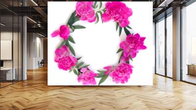 Round garland of beautiful pink peonies on white isolated background. Creative floral wreath. Wall mural