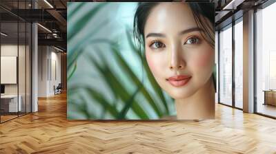 Beautiful young asian woman with clean fresh skin on background, Face care, Facial treatment, Cosmetology, beauty and spa, Asian women portrait. SPA concept Wall mural