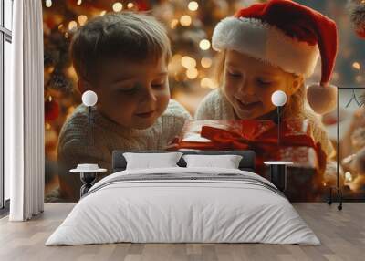 cheerful children surrounded by decorative details for Christmas and with a gift in blurred background Wall mural