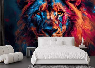 Colorful painting of a lion with creative abstract elements as background Wall mural