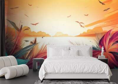 Colorful tropical nature background with hand-drawn palm leaves Wall mural