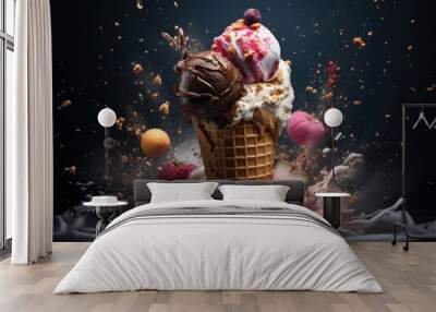 colorfull Melting ice cream cone on soft black background in studio. Ice cream Explosion. food photography Wall mural