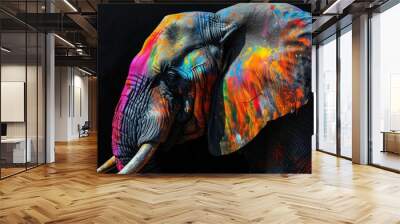 Portrait face of an elephant with colorful paint. Wall mural