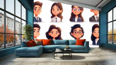 Smiling People Closeup Portrait Set Cute Cartoon Businessman Male and Female Avatars Multi-ethnic Man and Woman Faces Isolated on White Background Wall mural