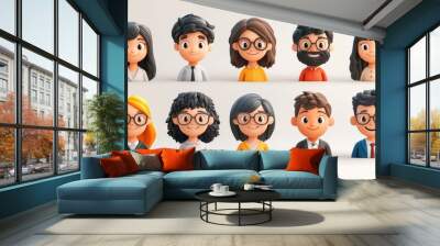 Smiling People Closeup Portrait Set Cute Cartoon Businessman Male and Female Avatars Multi-ethnic Man and Woman Faces Isolated on White Background Wall mural