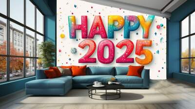 Words 2025. New year concept on lighting background with blurred lights. New year gold celebration background Wall mural