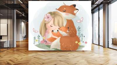 Cute Girl With the Foxes Wall mural