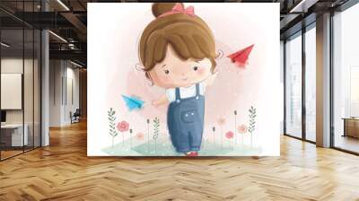 Cute Little Girl Playing with Paper Plane Wall mural