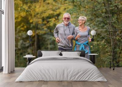 Cheerful active senior couple jogging in the park. Exercise together to stop aging. Wall mural