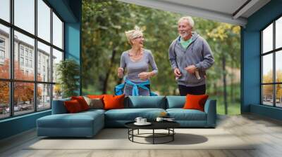 Cheerful active senior couple jogging in the park. Exercise together to stop aging. Wall mural