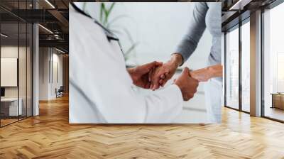 Hands of a doctor holding hands of elderly patient. Checking symptoms of stroke. Medical care and support concept. Wall mural