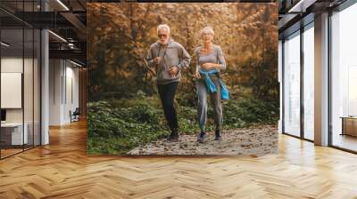 Smiling senior couple jogging in the park Wall mural