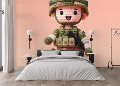 Ai Generated Crochet doll Army cute excited funny smiling wearing uniform and equipment, is standing. 3d render Wall mural