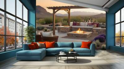 ai generated illustration vignette of a cozy outdoor space with elements such as a fire pit, pergola, and garden bed against the backdrop of a desert mountain view and romantic sky colors Wall mural