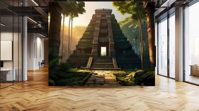 ai generated realistic beautiful ancient temple hidden in a forest with intricate carvings and surrounded by dense foliage and magnificent ancient buildings Wall mural