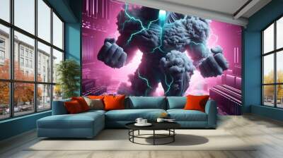 Ai generates illustration tech a human monster in the form of a giant angry cloud of smoke and streaks of lightning on its body with mainboard computer hardware background Wall mural